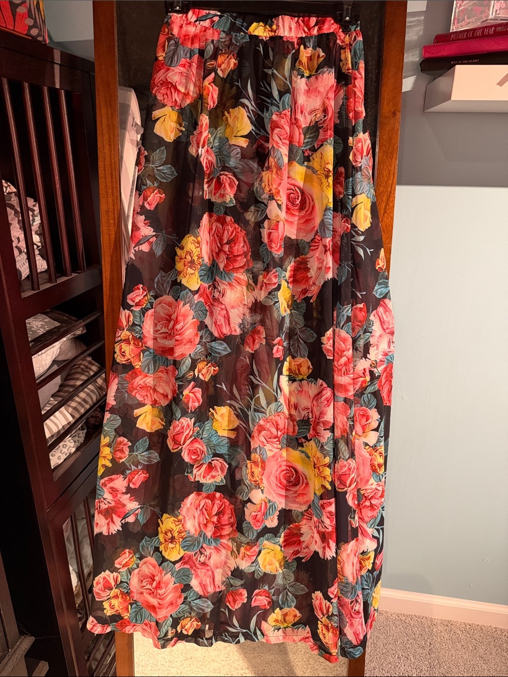 Floral Sheer Maxi Skirt - Black with Pink & Yellow Roses